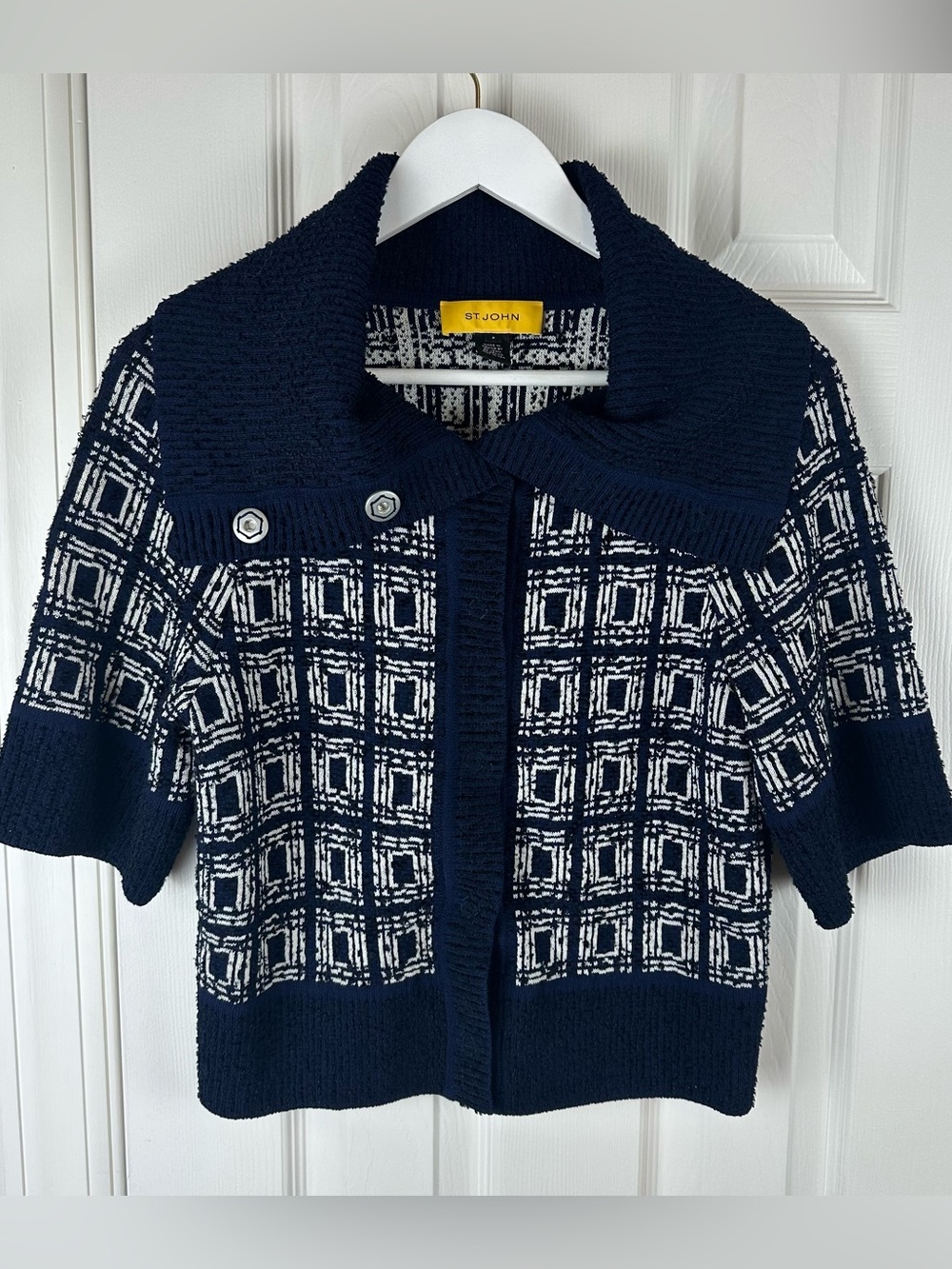 St. John Collection Navy & White Textured Knit Cropped Cardigan Jacket